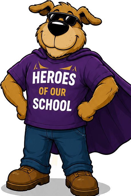The Watch D.O.G.S. mascot, a bulldog in sunglasses and a Heroes of Our School shirt
